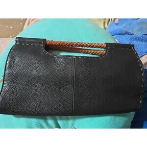 FOSSIL Black Leather Pebbled Satchel Clutch Handbag Purse Braided Handle
